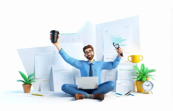 Remote Work Concept Man with Laptop 3D Character Illustration